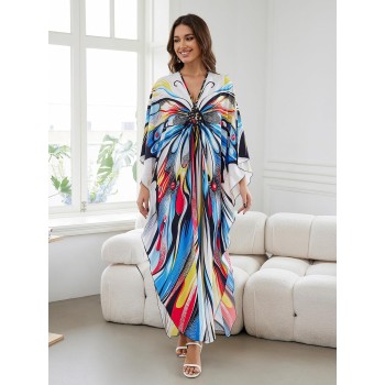 Plus Size Bohemian Caftan Dress Butterfly Print Beach Bathing Suit Coverup Loose Fit Summer
