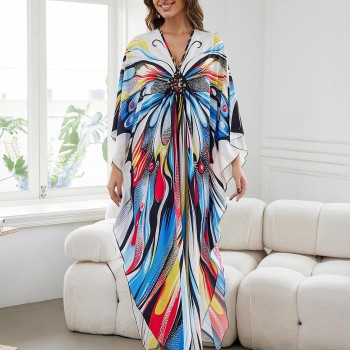 Plus Size Bohemian Caftan Dress Butterfly Print Beach Bathing Suit Coverup Loose Fit Summer