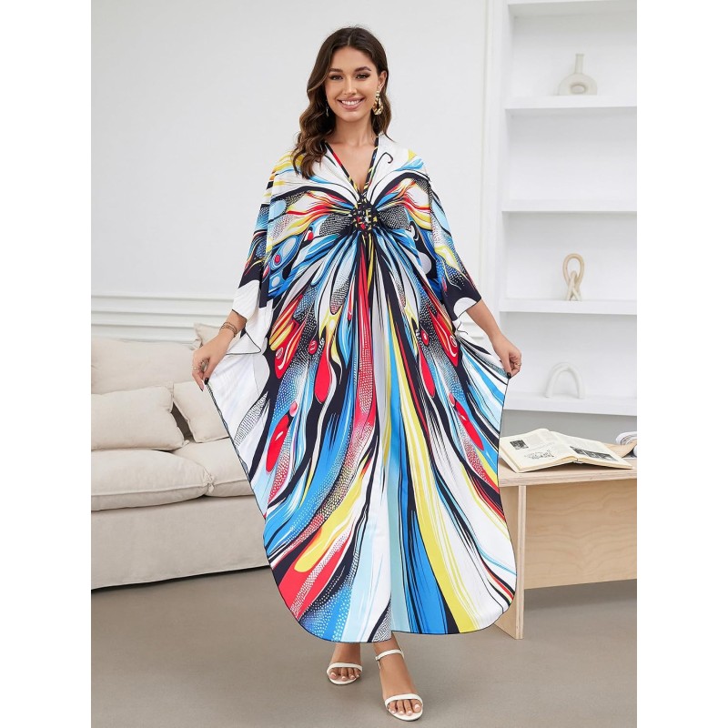Plus Size Bohemian Caftan Dress Butterfly Print Beach Coverup Plus Size Bohemian Butterfly Print Caftan Dress Beach Bathing Suit Coverup