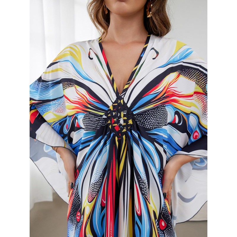 Plus Size Bohemian Caftan Dress Butterfly Print Beach Coverup Plus Size Bohemian Butterfly Print Caftan Dress Beach Bathing Suit Coverup