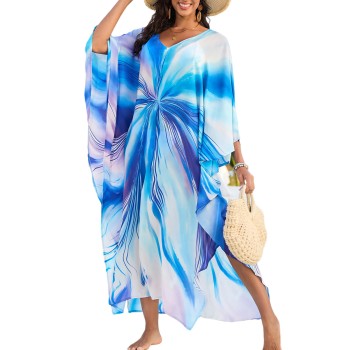 Plus Size Sky Fracture Bohemian Floral Kaftan Maxi Cover Up Swimwear Resort Loungewear