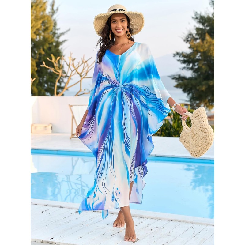 Plus Size Sky Fracture Bohemian Floral Kaftan Maxi Cover Up Swimwear