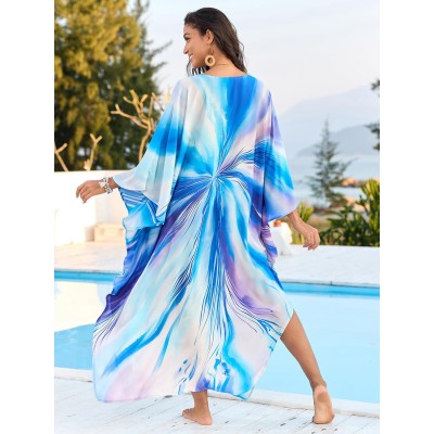 Plus Size Sky Fracture Bohemian Floral Kaftan Maxi Cover Up Swimwear