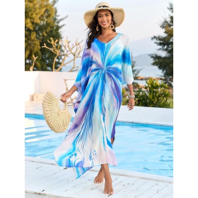 Plus Size Sky Fracture Bohemian Floral Kaftan Maxi Cover Up Swimwear