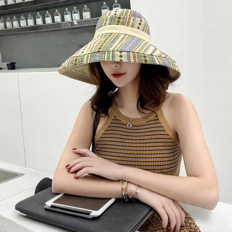 Beige Women’s Reversible Wide Brim Bucket Sun Hat with UPF 50+ Metal Wired Edge