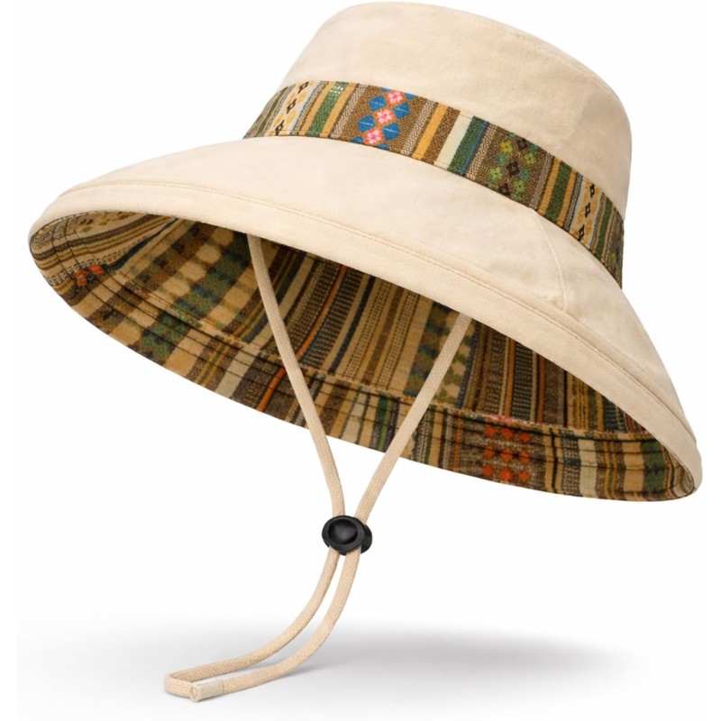 Beige Women’s Reversible Wide Brim Bucket Sun Hat with UPF 50+ Metal Wired Edge