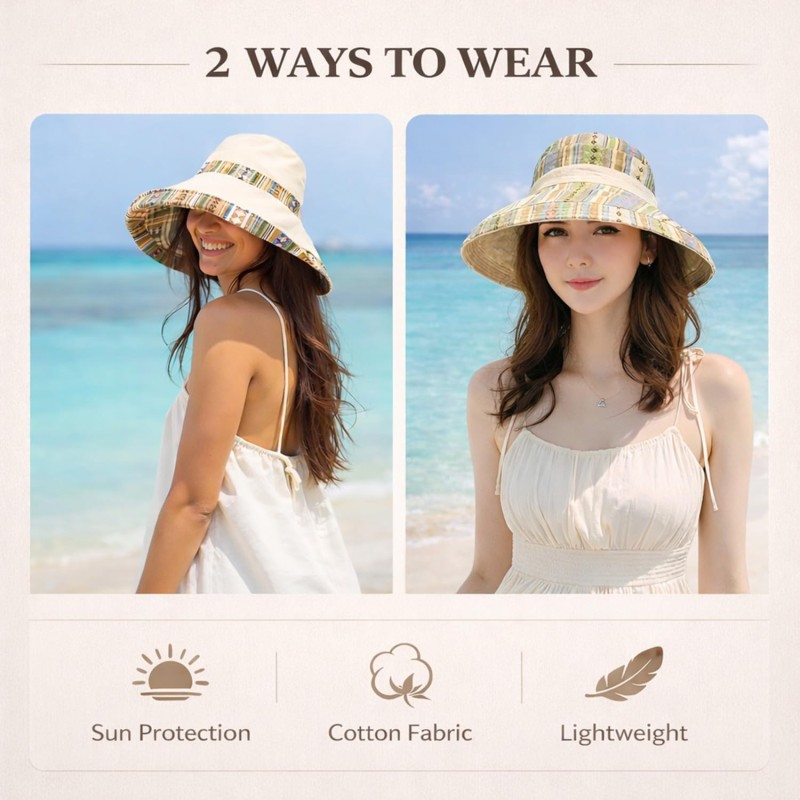 Beige Women’s Reversible Wide Brim Bucket Sun Hat with UPF 50+ Metal Wired Edge