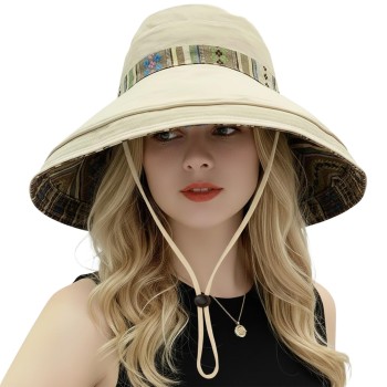 Women’s Reversible Wide Brim Bucket Sun Hat UPF 50+ Metal Wired Edge Boho Beach Gardening Hat Beige