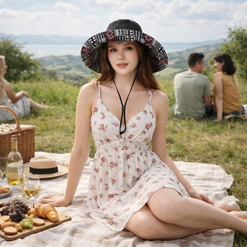 Women's black reversible wide brim sun hat with UPF50+ protection