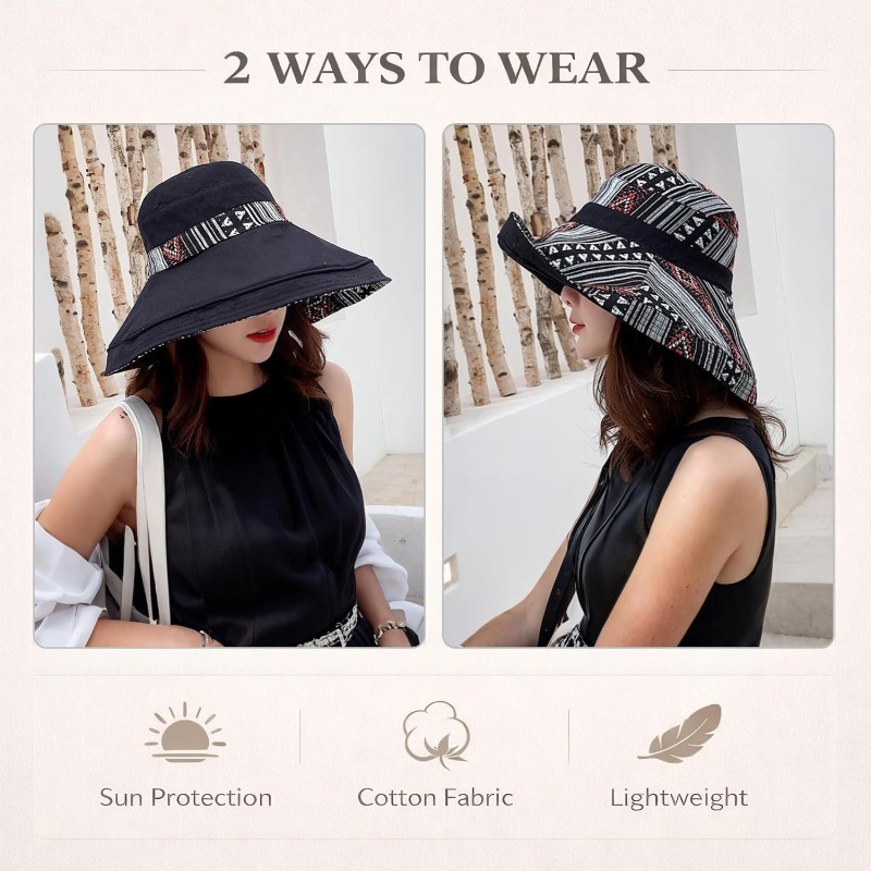 Women's black reversible wide brim sun hat with UPF50+ protection