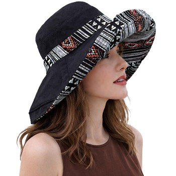 Women's Reversible Wide Brim Sun Hat UPF50+ Metal Wired Edge Boho Beach Gardening Hat Black