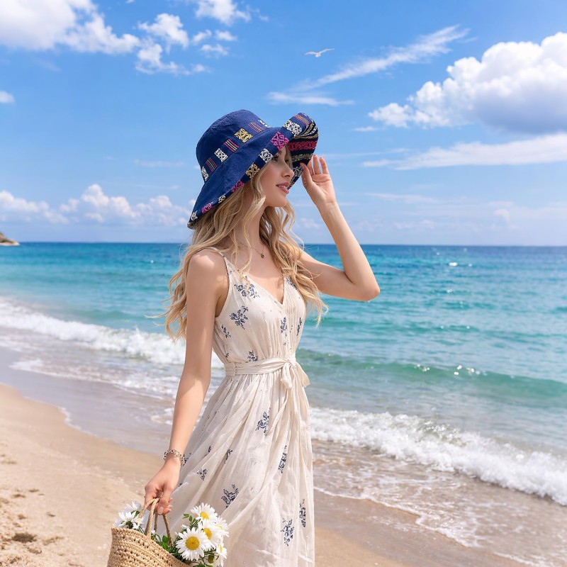 Navy Women's Reversible Wide Brim UPF 50+ Sun Hat for Beach Gardening