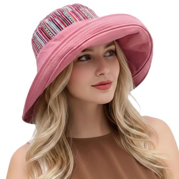 Women’s One Size Reversible Wide Brim Sun Hat UPF 50+ Metal Wired Edge Pink Boho Beach Gardening Hat