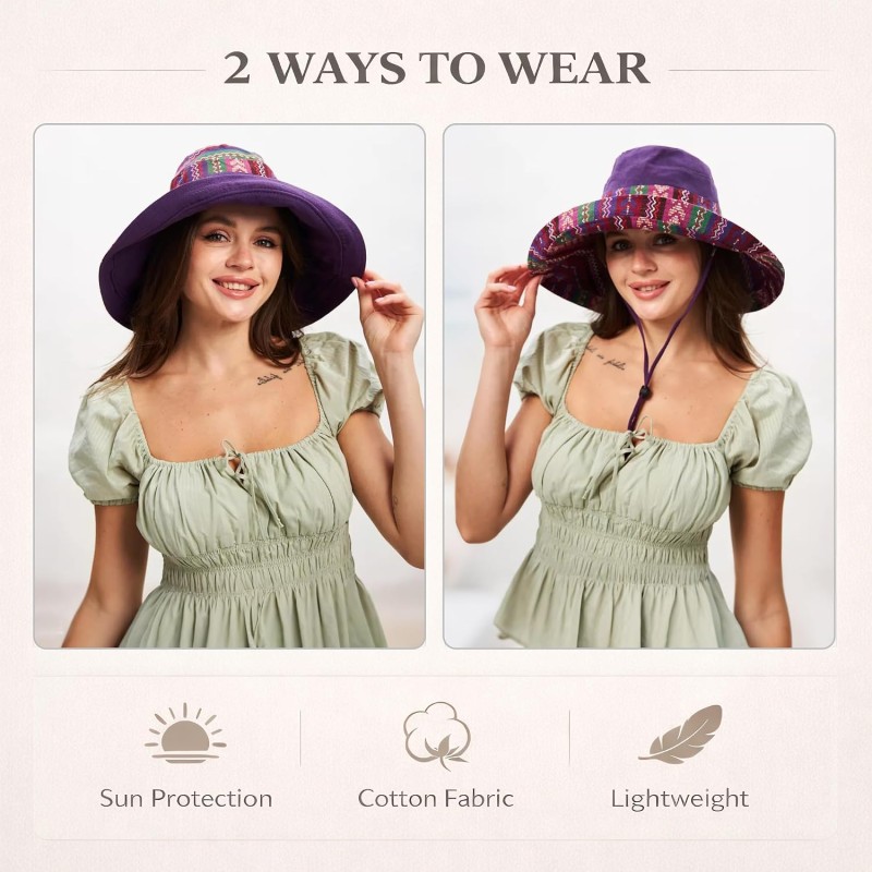Reversible UPF50+ Beach Gardening Wide Brim Sun Hat Women's purple boho wide brim reversible UPF50+ sun hat with metal wired edge