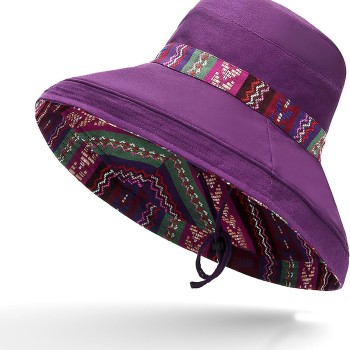 Women’s Purple Boho Wide Brim Sun Hat: Reversible UPF50+ Beach Gardening Hat with Metal Wired Edge
