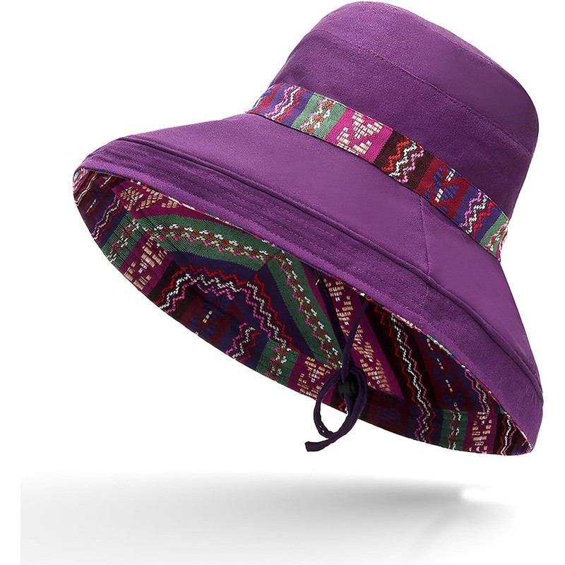 Reversible UPF50+ Beach Gardening Wide Brim Sun Hat Women's purple boho wide brim reversible UPF50+ sun hat with metal wired edge