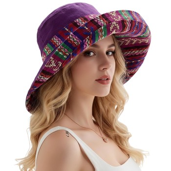 Women’s Purple Boho Wide Brim Sun Hat: Reversible UPF50+ Beach Gardening Hat with Metal Wired Edge