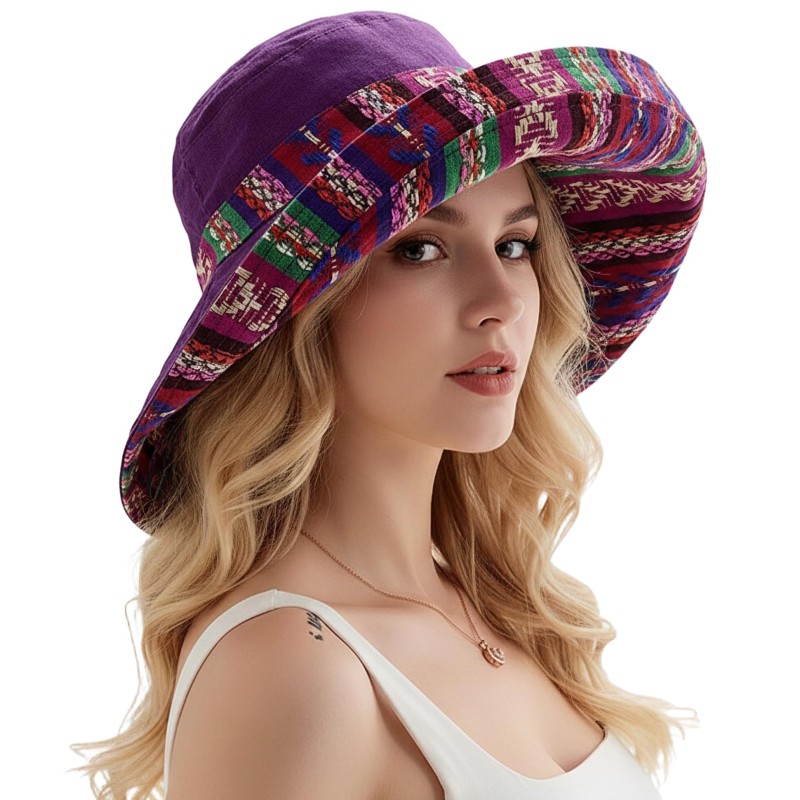 Reversible UPF50+ Beach Gardening Wide Brim Sun Hat Women's purple boho wide brim reversible UPF50+ sun hat with metal wired edge