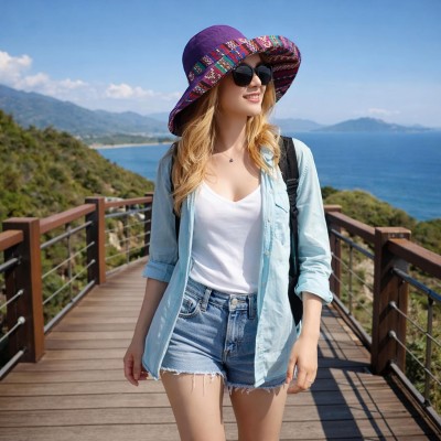 Reversible UPF50+ Beach Gardening Wide Brim Sun Hat Women's purple boho wide brim reversible UPF50+ sun hat with metal wired edge