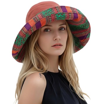 Women's Reversible Wide Brim Sun Hat UPF50+ Metal Wired Edge Beach Gardening Hat Reddish Brown Boho