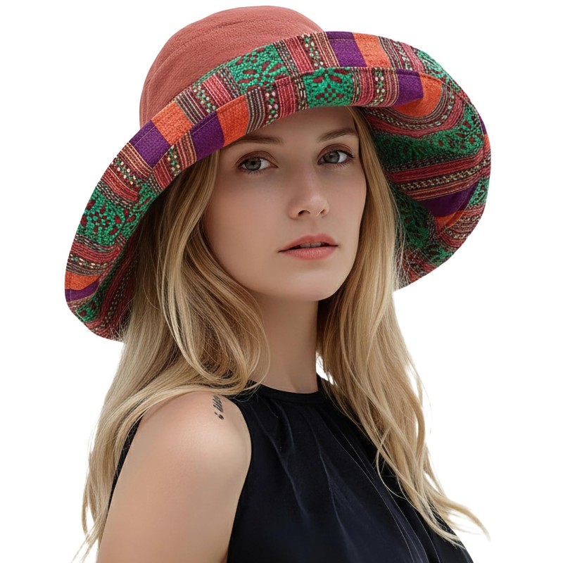 Women's Reversible Wide Brim UPF50+ Sun Hat Reddish Brown Boho