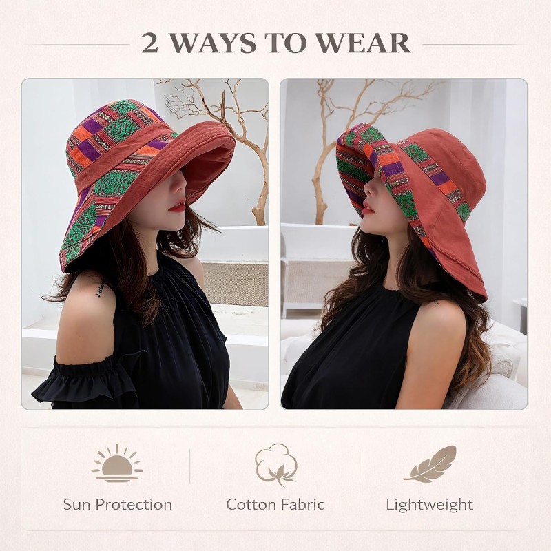 Women's Reversible Wide Brim UPF50+ Sun Hat Reddish Brown Boho
