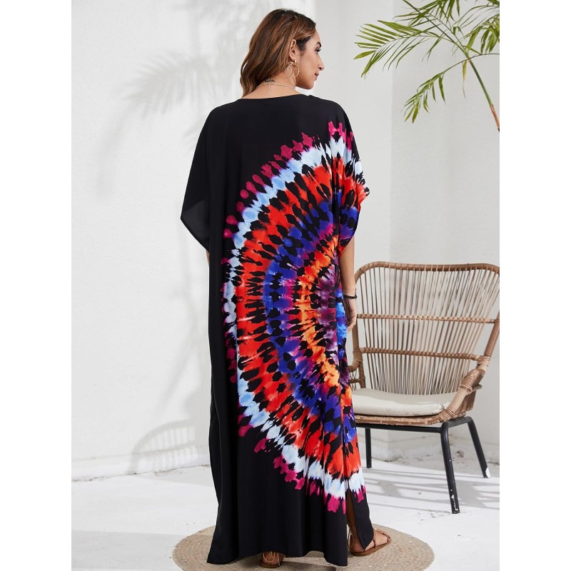 Women’s Plus Size Black Abstract Print Boho Kaftan Dress Beach Cover Up