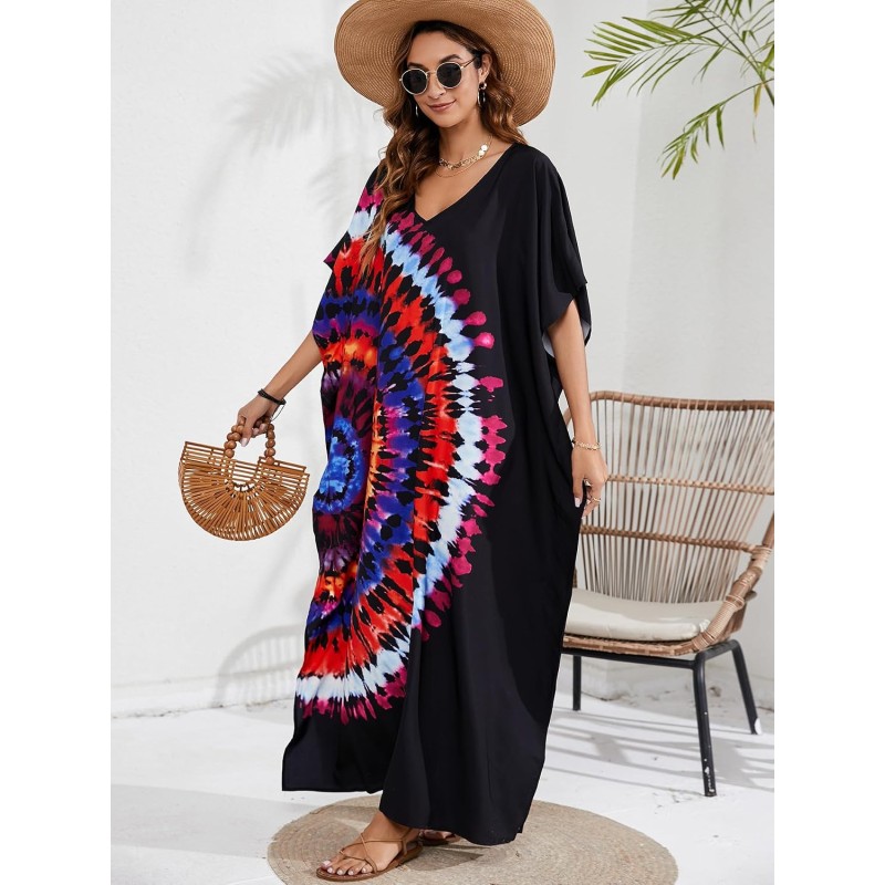 Women’s Plus Size Black Abstract Print Boho Kaftan Dress Beach Cover Up