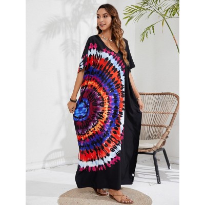 Women’s Plus Size Black Abstract Print Boho Kaftan Dress Beach Cover Up
