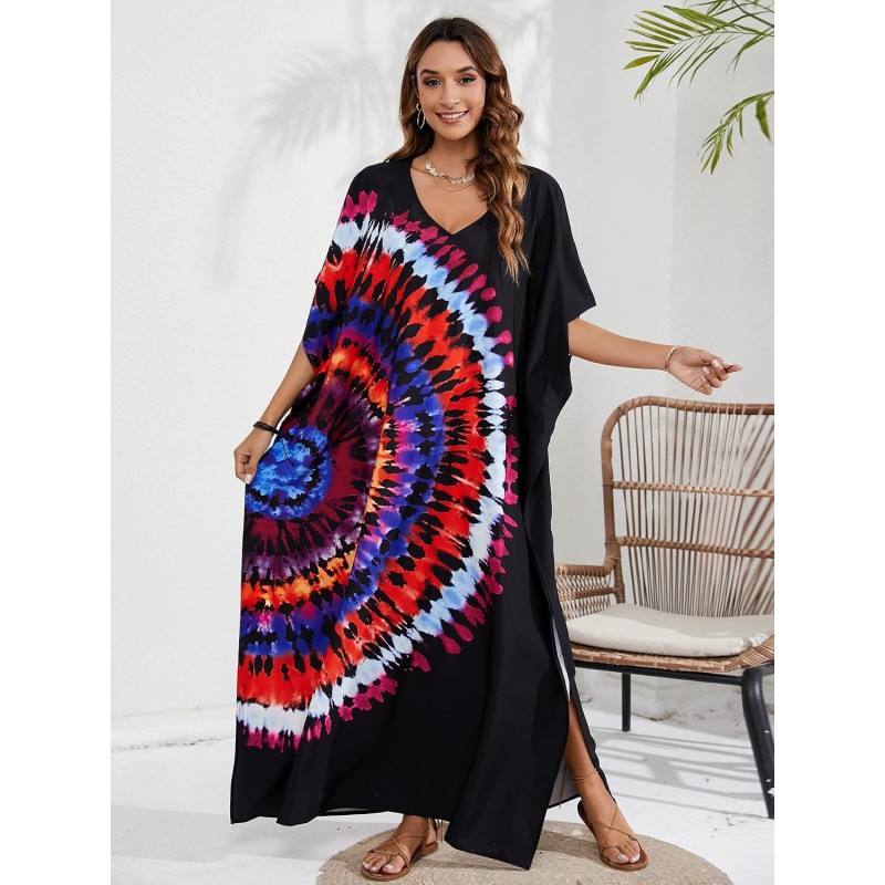 Women’s Plus Size Black Abstract Print Boho Kaftan Dress Beach Cover Up