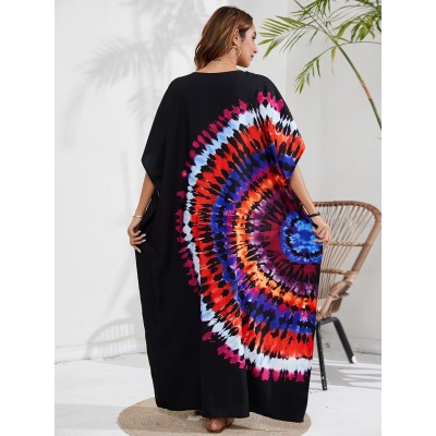Women’s Plus Size Black Abstract Print Boho Kaftan Dress Beach Cover Up