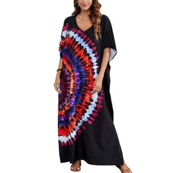 Plus Size Women's Boho Black Abstract Print Kaftan Dress: Beach Swimsuit Cover Up Loungewear