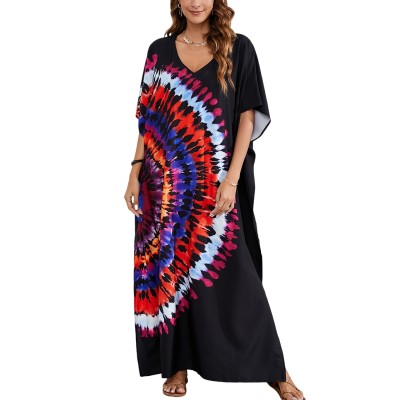 Women’s Plus Size Black Abstract Print Boho Kaftan Dress Beach Cover Up