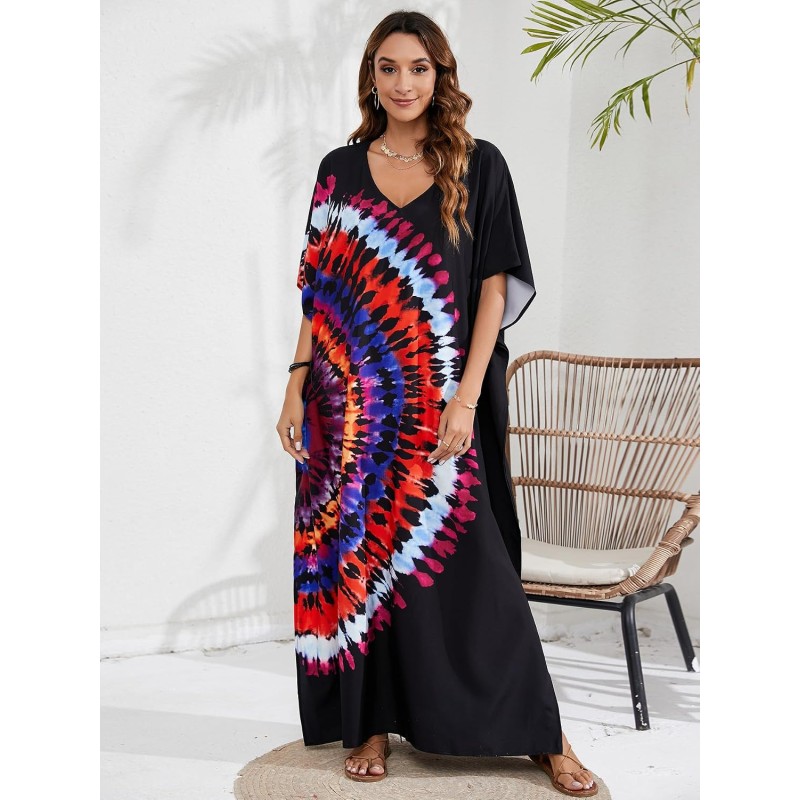 Women’s Plus Size Black Abstract Print Boho Kaftan Dress Beach Cover Up