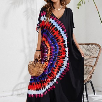 Plus Size Women's Boho Black Abstract Print Kaftan Dress: Beach Swimsuit Cover Up Loungewear