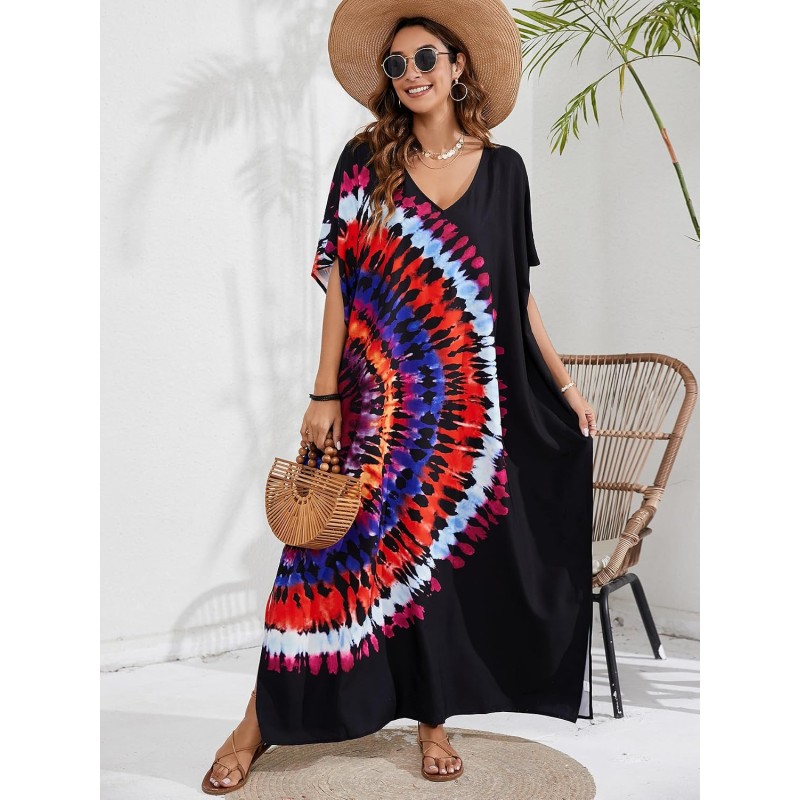Women’s Plus Size Black Abstract Print Boho Kaftan Dress Beach Cover Up