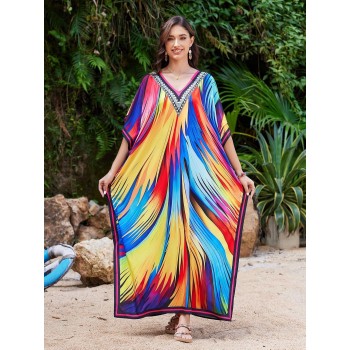 Women’s Plus Size Kaftan Dress Swim Coverup Vibrant Floral Loose Fit Beach Holiday Casual Women’s Plus Size Kaftan Dress Swim Coverup Vibrant Floral Loose Fit Beach Holiday Casual