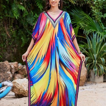 Women’s Plus Size Kaftan Dress Swim Coverup Vibrant Floral Loose Fit Beach Holiday Casual Women’s Plus Size Kaftan Dress Swim Coverup Vibrant Floral Loose Fit Beach Holiday Casual