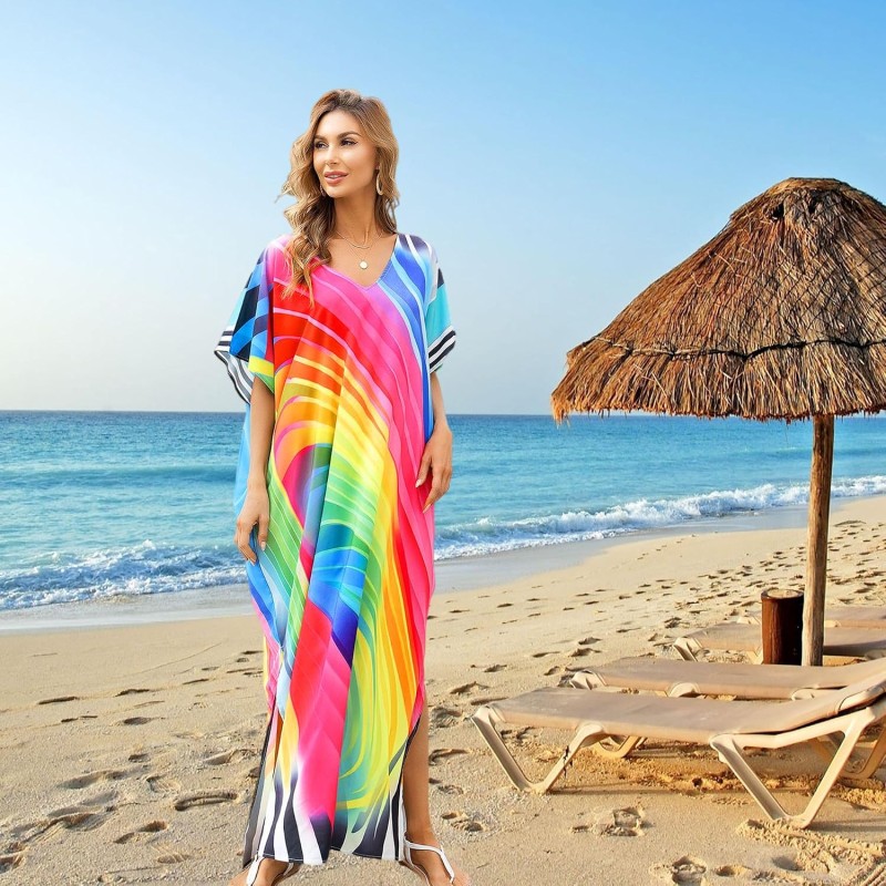 Plus Size Boho Floral Maxi Kaftan Dress Swimsuit Cover Up Plus Size Women's Boho Floral Maxi Kaftan Swimsuit Cover Up with Batwing Sleeves