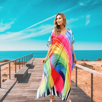 Plus Size Boho Floral Maxi Kaftan Dress Swimsuit Cover Up Plus Size Women's Boho Floral Maxi Kaftan Swimsuit Cover Up with Batwing Sleeves