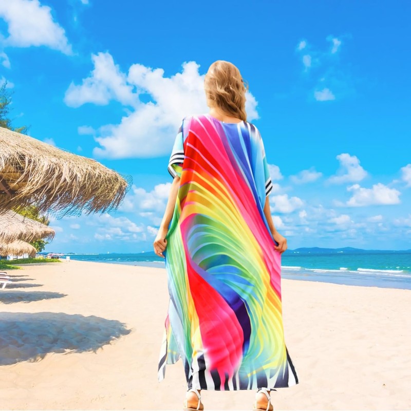 Plus Size Boho Floral Maxi Kaftan Dress Swimsuit Cover Up Plus Size Women's Boho Floral Maxi Kaftan Swimsuit Cover Up with Batwing Sleeves