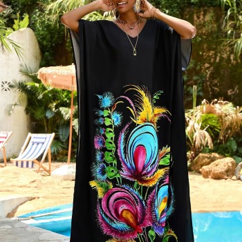 Women’s Plus Size Floral Kaftan Dress Black Eternal Bloom Swim Cover Up Holiday Casual Loose Fit