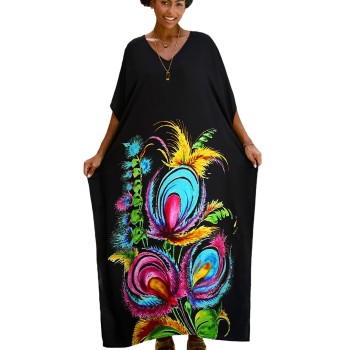 Women’s Plus Size Floral Kaftan Dress Black Eternal Bloom Swim Cover Up Holiday Casual Loose Fit