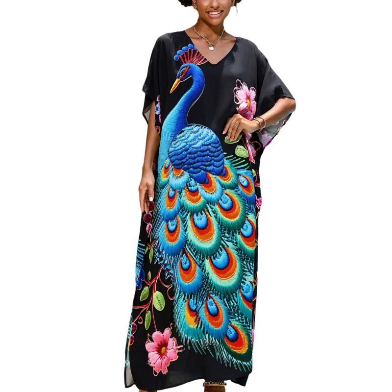 Women's Plus Size Black Peacock Floral Kaftan as Beach Swim Coverup