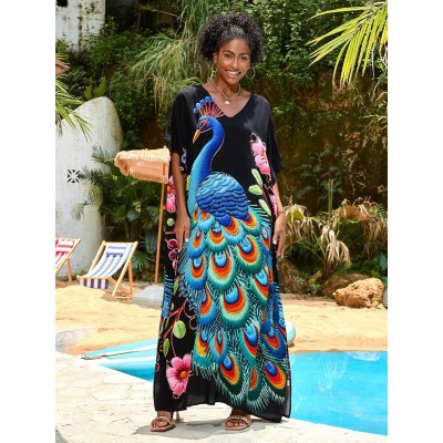 Women's Plus Size Black Peacock Floral Kaftan as Beach Swim Coverup