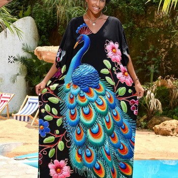 Women’s Plus Size Black Peacock’s Radiance Floral Kaftan Dress – Loose Swim Coverup for Beach Holiday
