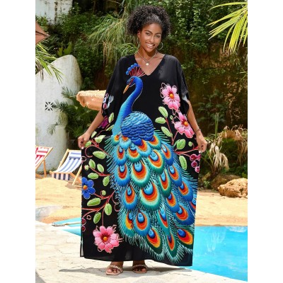 Women's Plus Size Black Peacock Floral Kaftan as Beach Swim Coverup