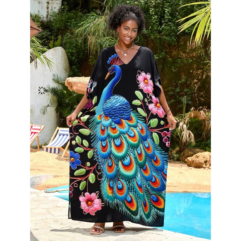 Women's Plus Size Black Peacock Floral Kaftan as Beach Swim Coverup