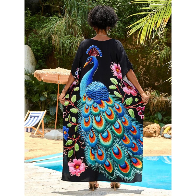 Women's Plus Size Black Peacock Floral Kaftan as Beach Swim Coverup