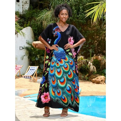 Women's Plus Size Black Peacock Floral Kaftan as Beach Swim Coverup
